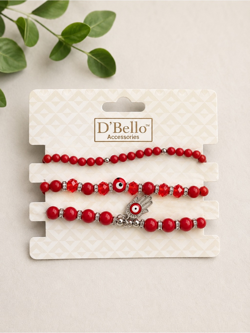 DβBello Red Beaded Bracelet Set with Hamsa & Evil Eye Charms